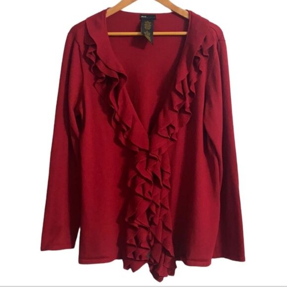 Grace Elements Sweaters - Grace Elements Cranberry Red Ruffle Cardigan Sweater Women Size L